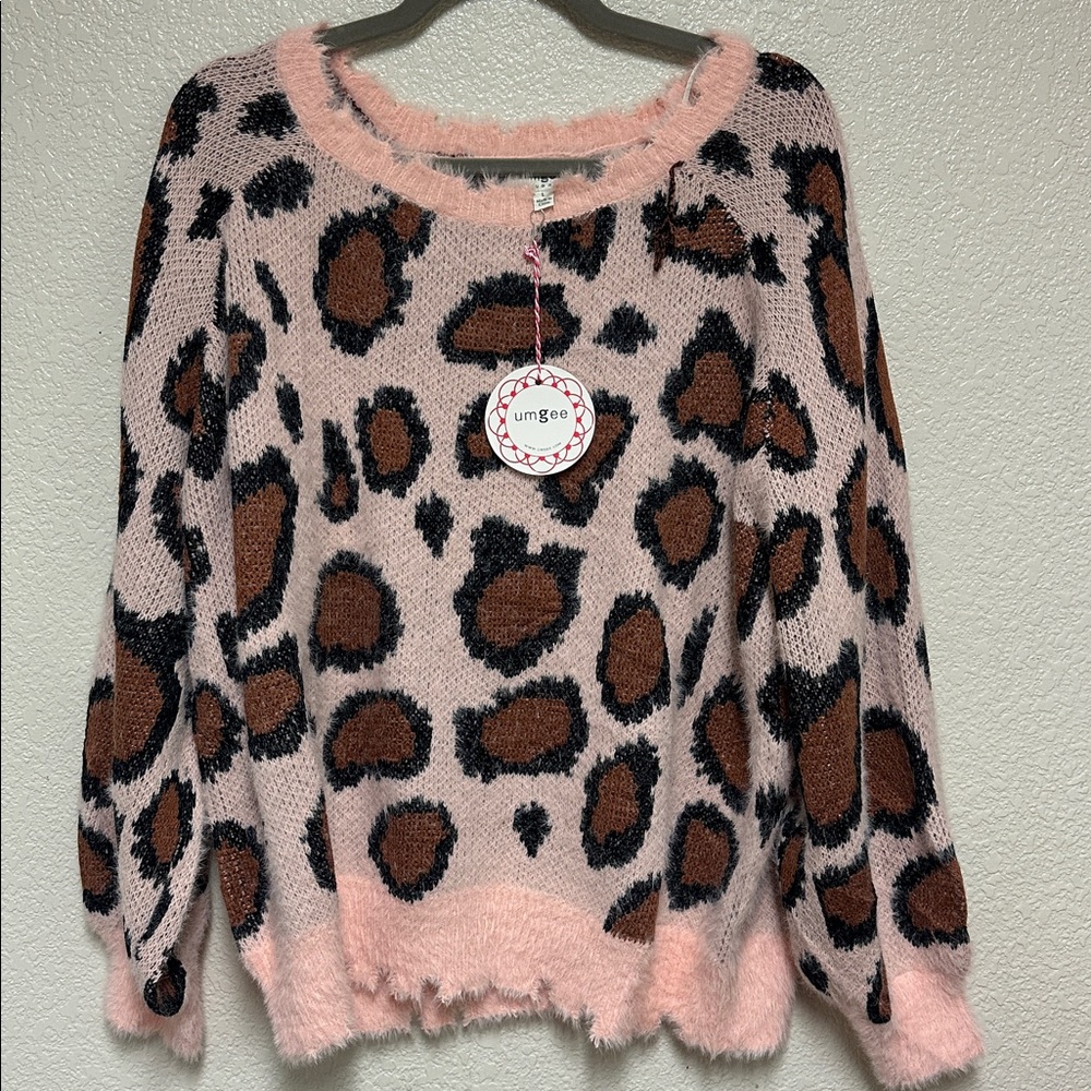 NWT Umgee Pink and Brown Leopard Print Sweater - SizeL